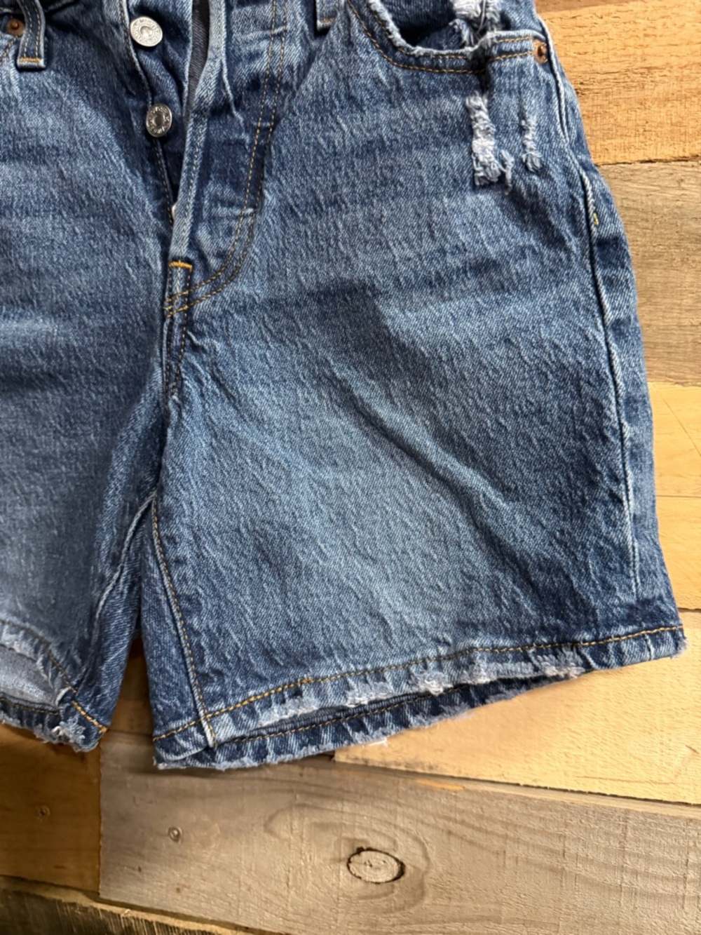Levi's Button-Fly Distressed Blue Denim Shorts - Picture 4 of 11